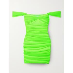 Norma Kamali Walter Off-The-Shoulder Ruched Stretch-Mesh Dress - XS - Neon Green